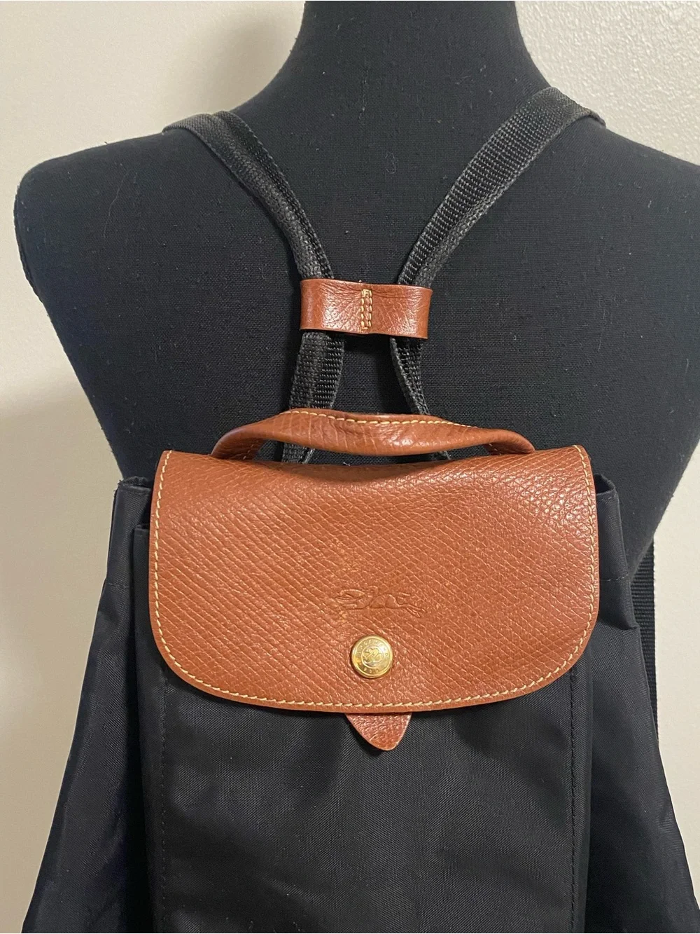 Longchamp Le Pliage Drawstring backpack Black Tan Leather 2 Way Folding NAM LIG